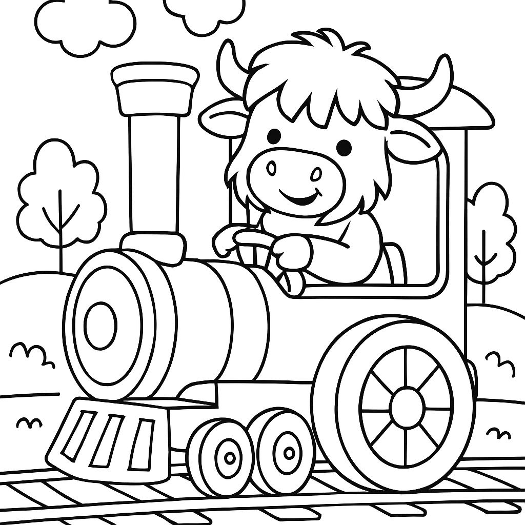 une vache des Highlands conduisant une locomotive à vapeur une vache des Highlands conduisant une locomotive à vapeur