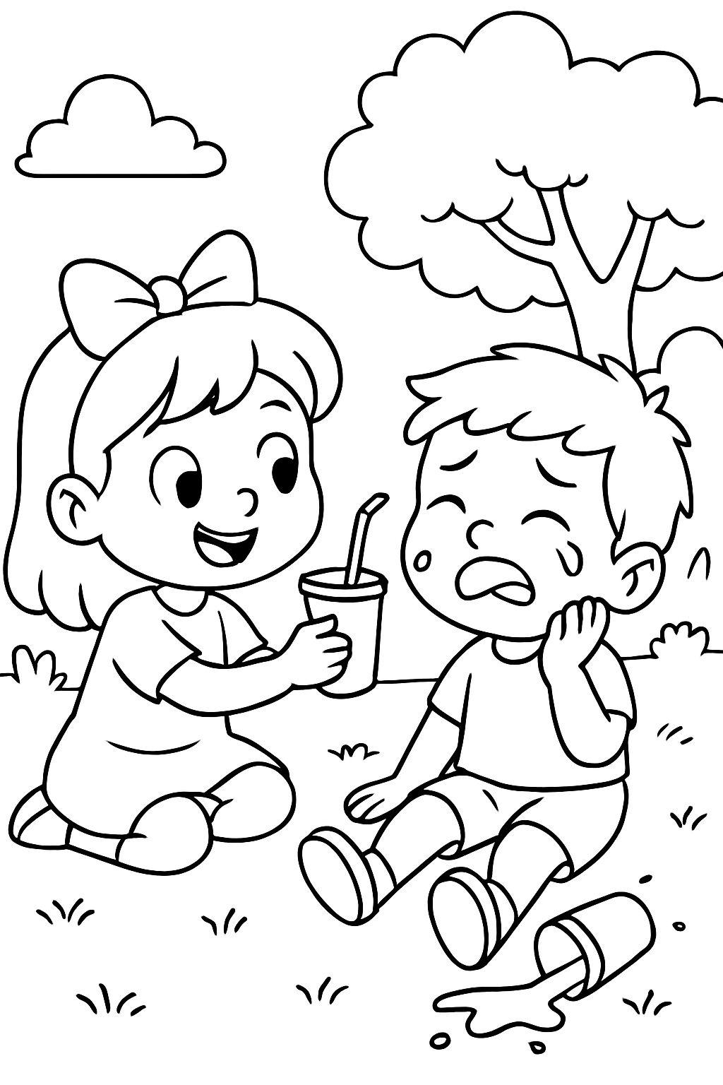 A girl sharing her juice with a boy whose juice has fallen.