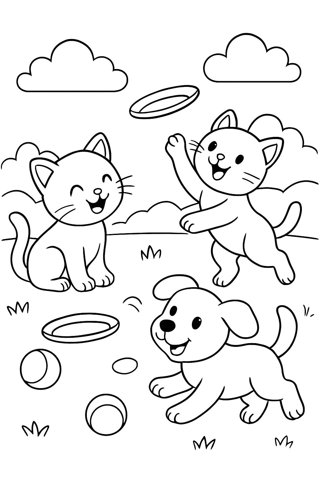 Zwei Kätzchen und zwei Welpen spielen mit zwei Frisbees und zwei Bällen