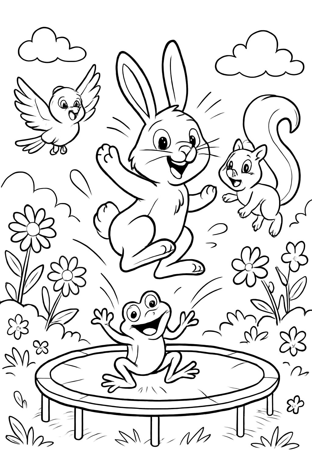 Frühlings Tiere hüpfen auf einem Trampolin