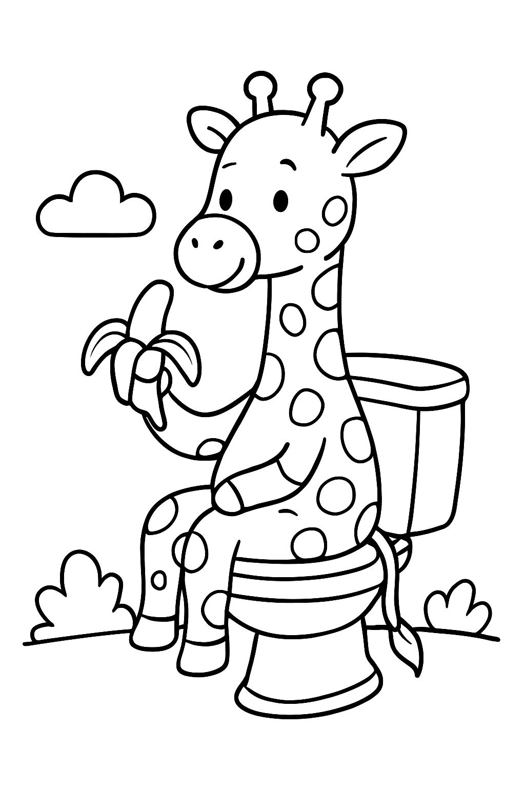 eine Giraffe, die auf dem Klo sitzt und ein Banane isst