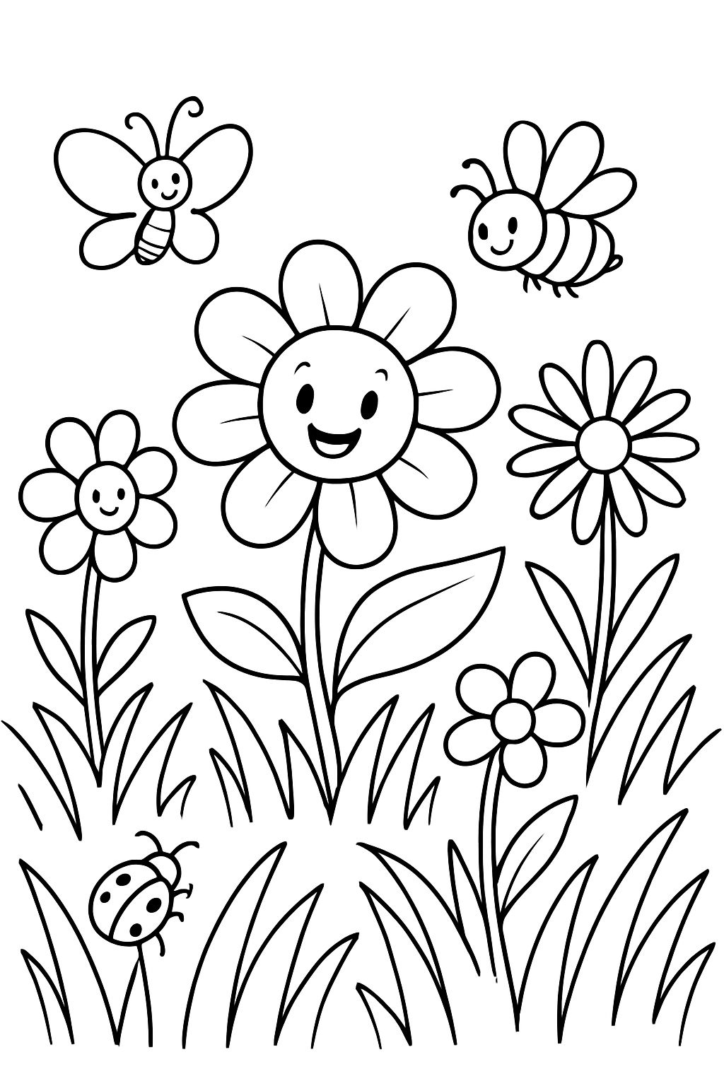 Flowers in a meadow with grasses and a few insects. One-dimensional