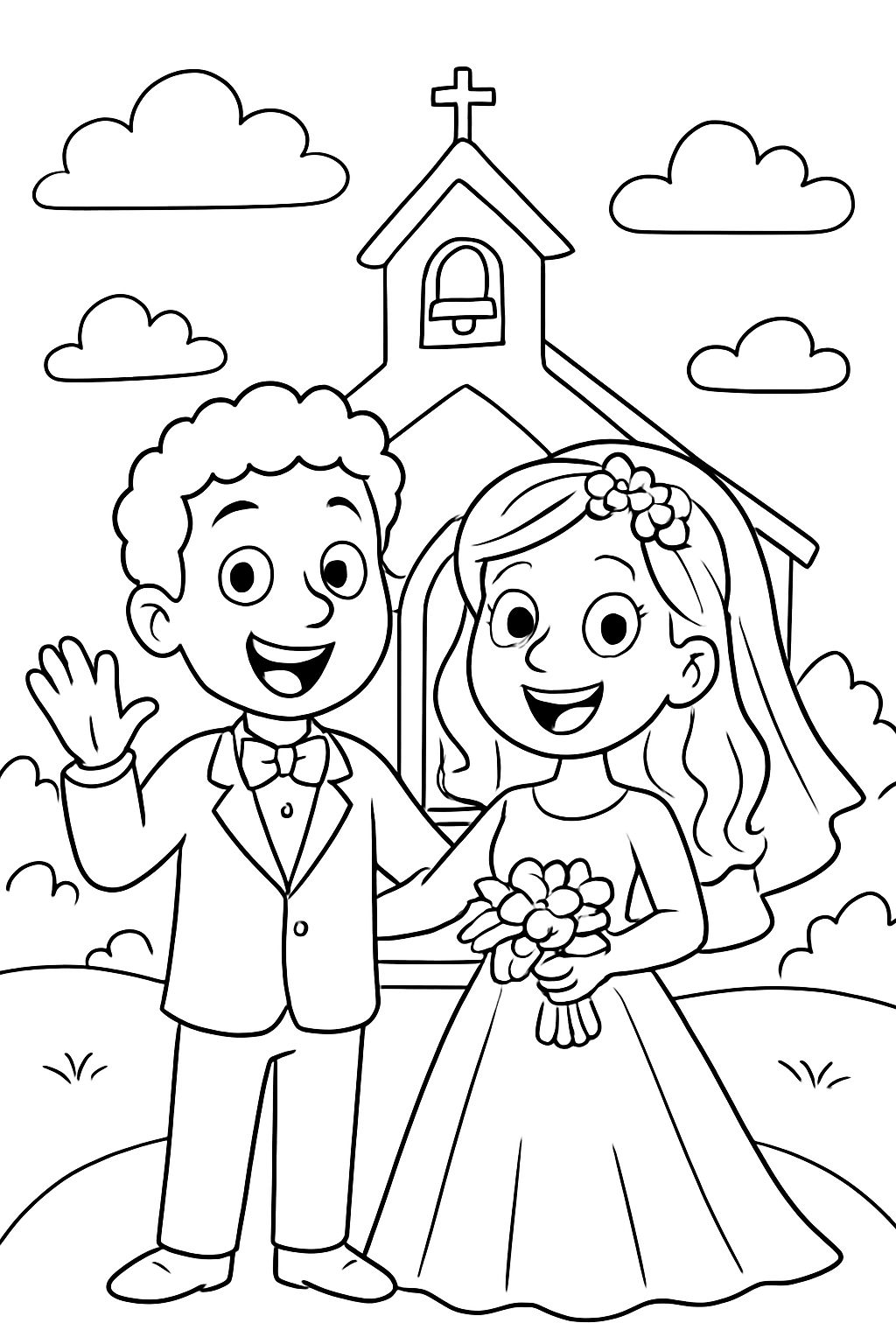 A man (short curly hair) and lady (long curled hair) getting married in front of a chapel.
