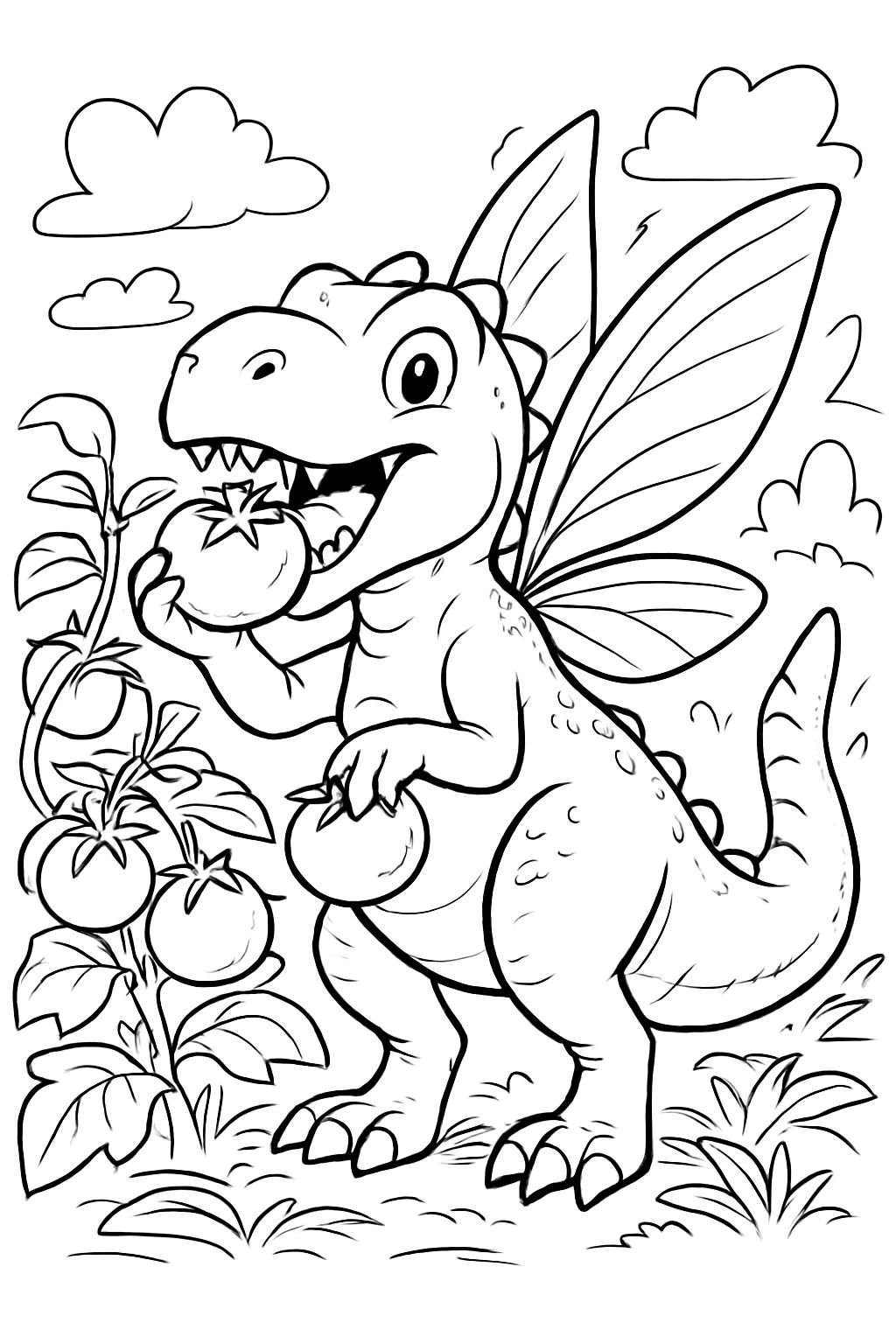 A dinosaur fairy eating tomatoes.