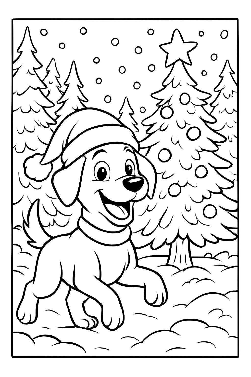uma página de colorir de Natal com um cachorro usando um chapéu, nevando, no bosque com uma árvore de Natal. uma página de colorir de Natal com um cachorro usando um chapéu, nevando, no bosque com uma árvore de Natal.