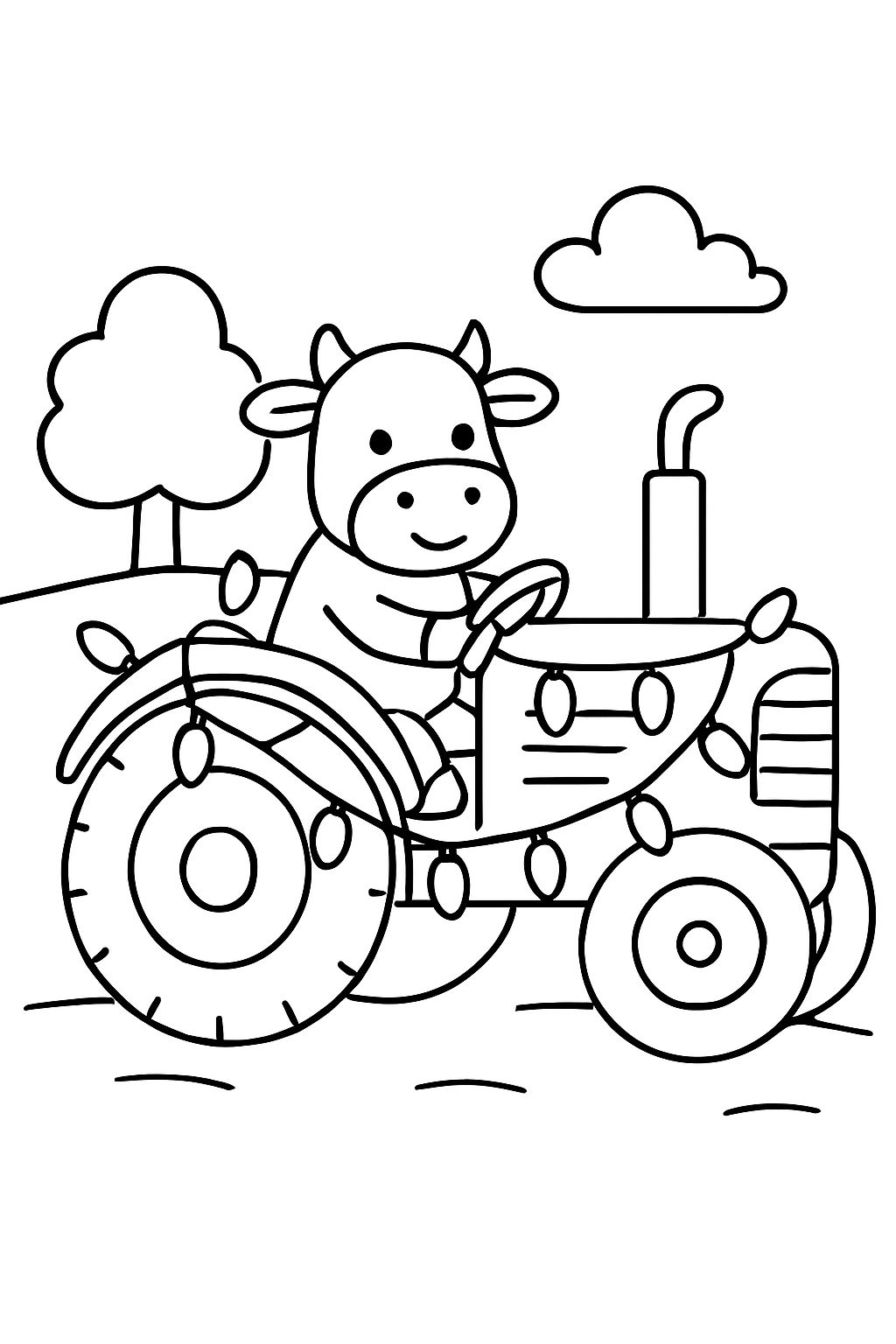 um trator com luzes de Natal dirigido por uma vaca