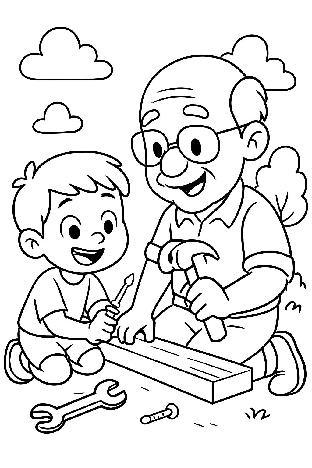 Un abuelo con su nieto, jugando con herramientas. Un abuelo con su nieto, jugando con herramientas.
