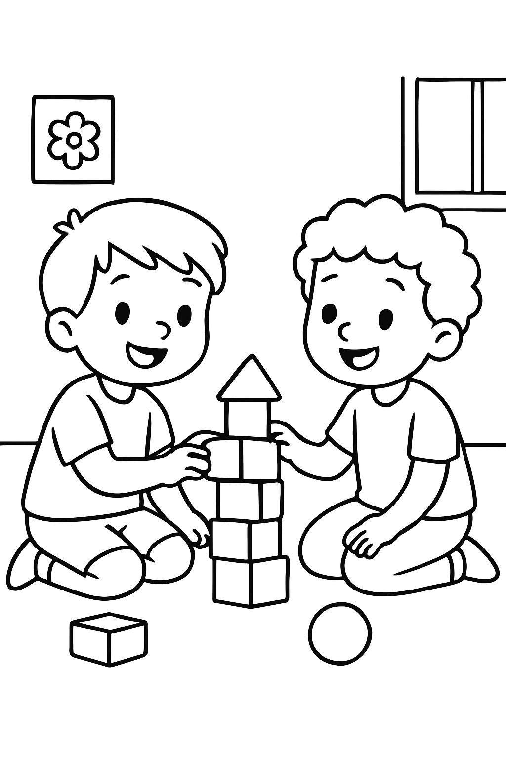 Dois meninos construindo uma torre de blocos juntos em uma sala de jogos. Dois meninos construindo uma torre de blocos juntos em uma sala de jogos.