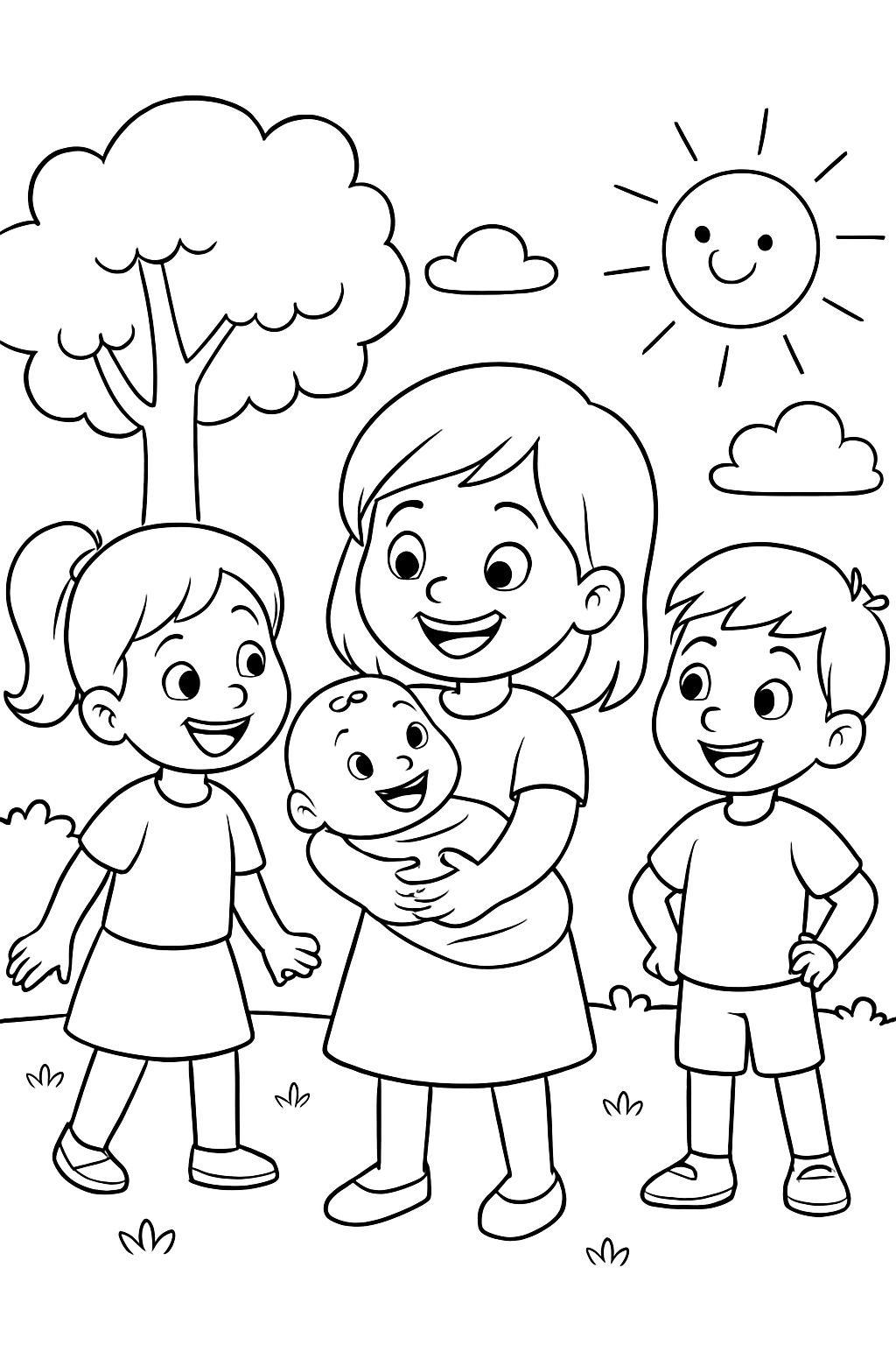 A girl is holding a baby in her arms, and another girl and a boy are watching A girl is holding a baby in her arms, and another girl and a boy are watching