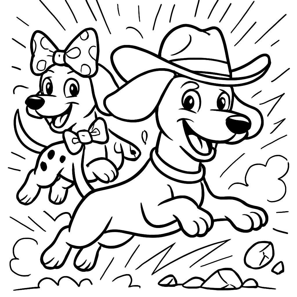 2 Dachshunds, 1 with a bow and spots and the other with a cowboy hat. 2 Dachshunds, 1 with a bow and spots and the other with a cowboy hat.