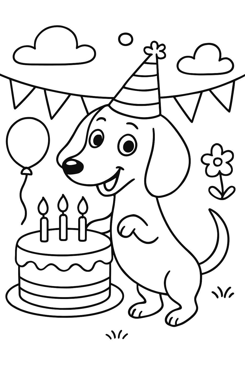 a dachshund with a party hat and a birthday cake