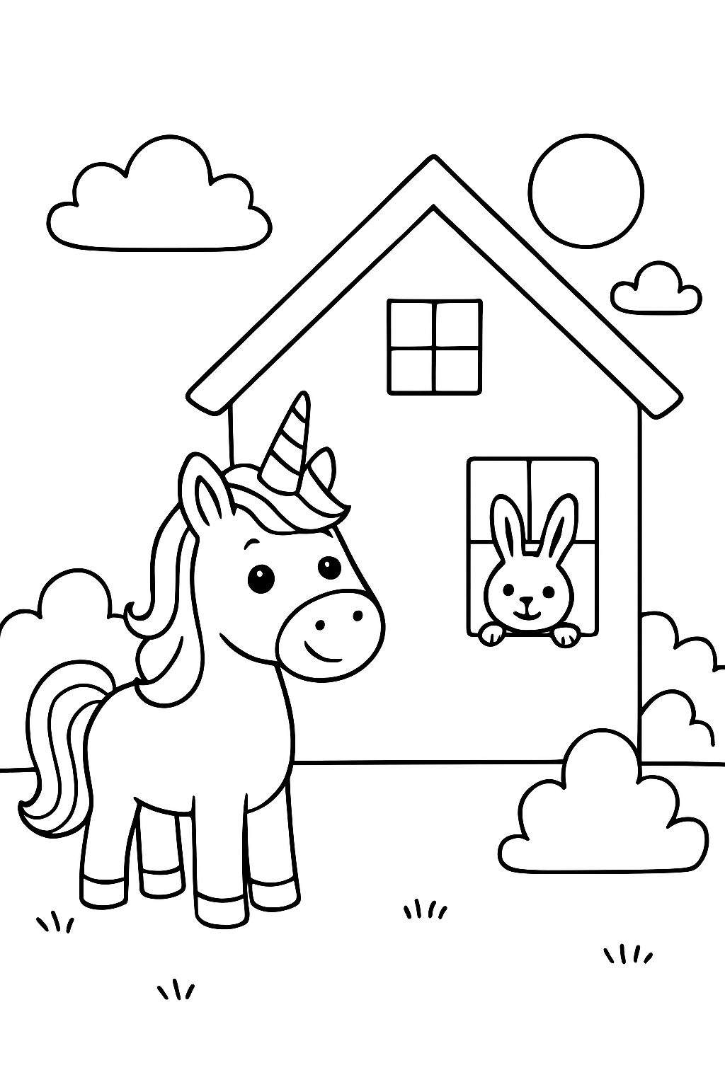 unicorn stands in front of a house and looks straight out. the house without a door and without a chimney has three windows - from one looks a rabbit