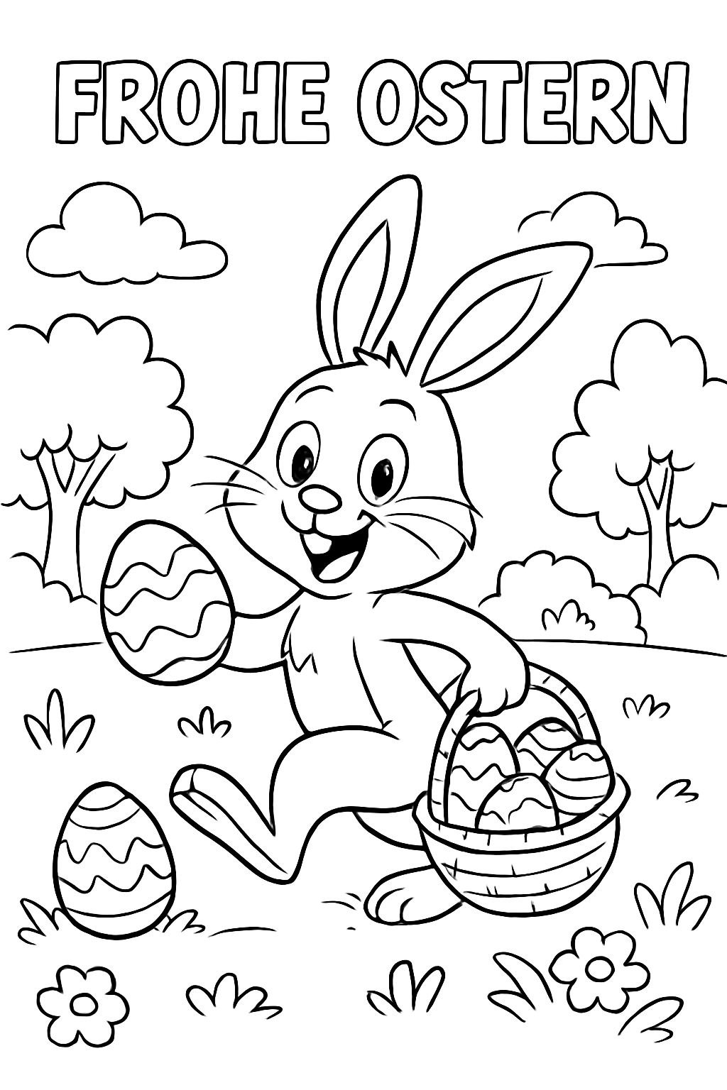 Un lapin de Pâques cachant des œufs de Pâques. En haut, il est écrit "JOYEUSES PÂQUES"