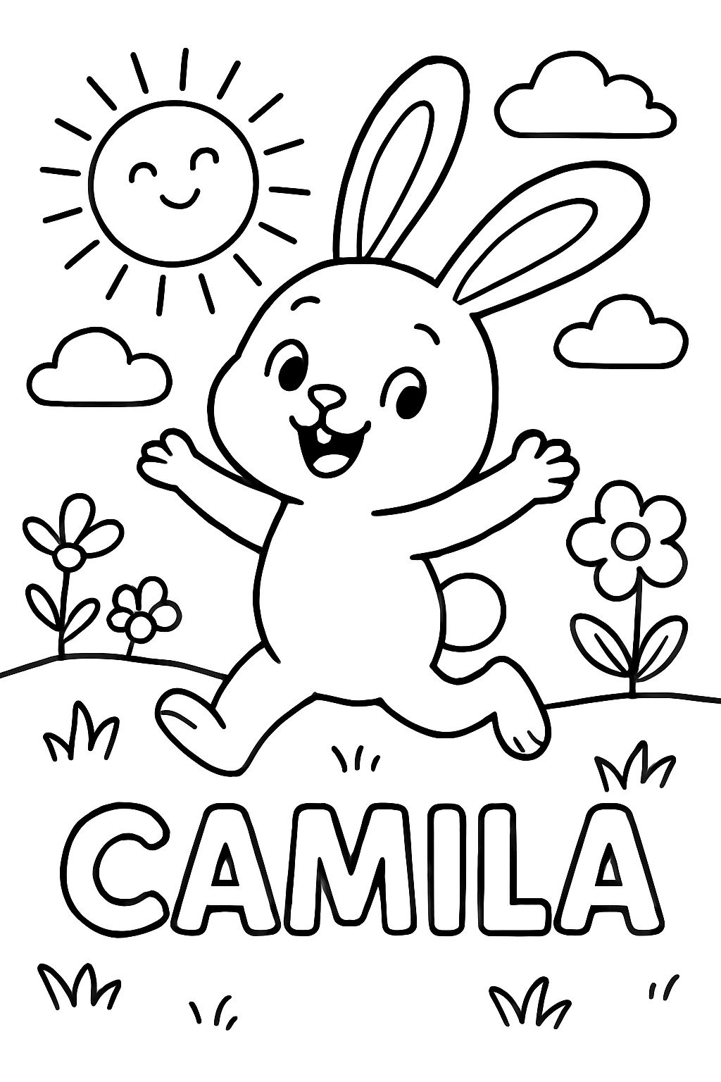 Ein Hase in der Sonne mit dem Namen Camila, der am unteren Rand geschrieben ist. Ein Hase in der Sonne mit dem Namen Camila, der am unteren Rand geschrieben ist.