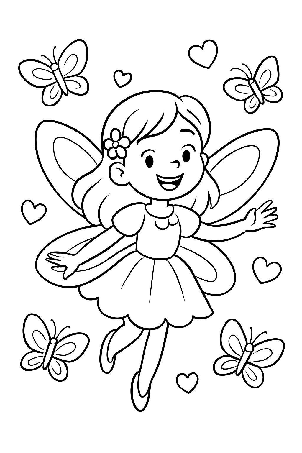 A fairy surrounded by butterflies and hearts