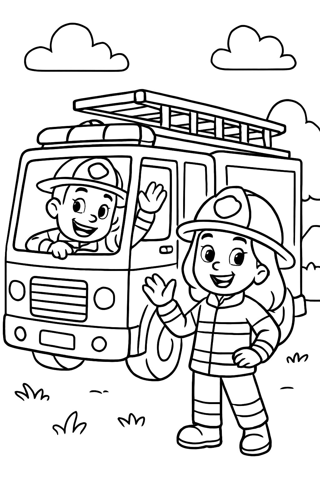 CAMION DE POMPIERS AVEC UN POMPIER ET UNE POMPIÈRE