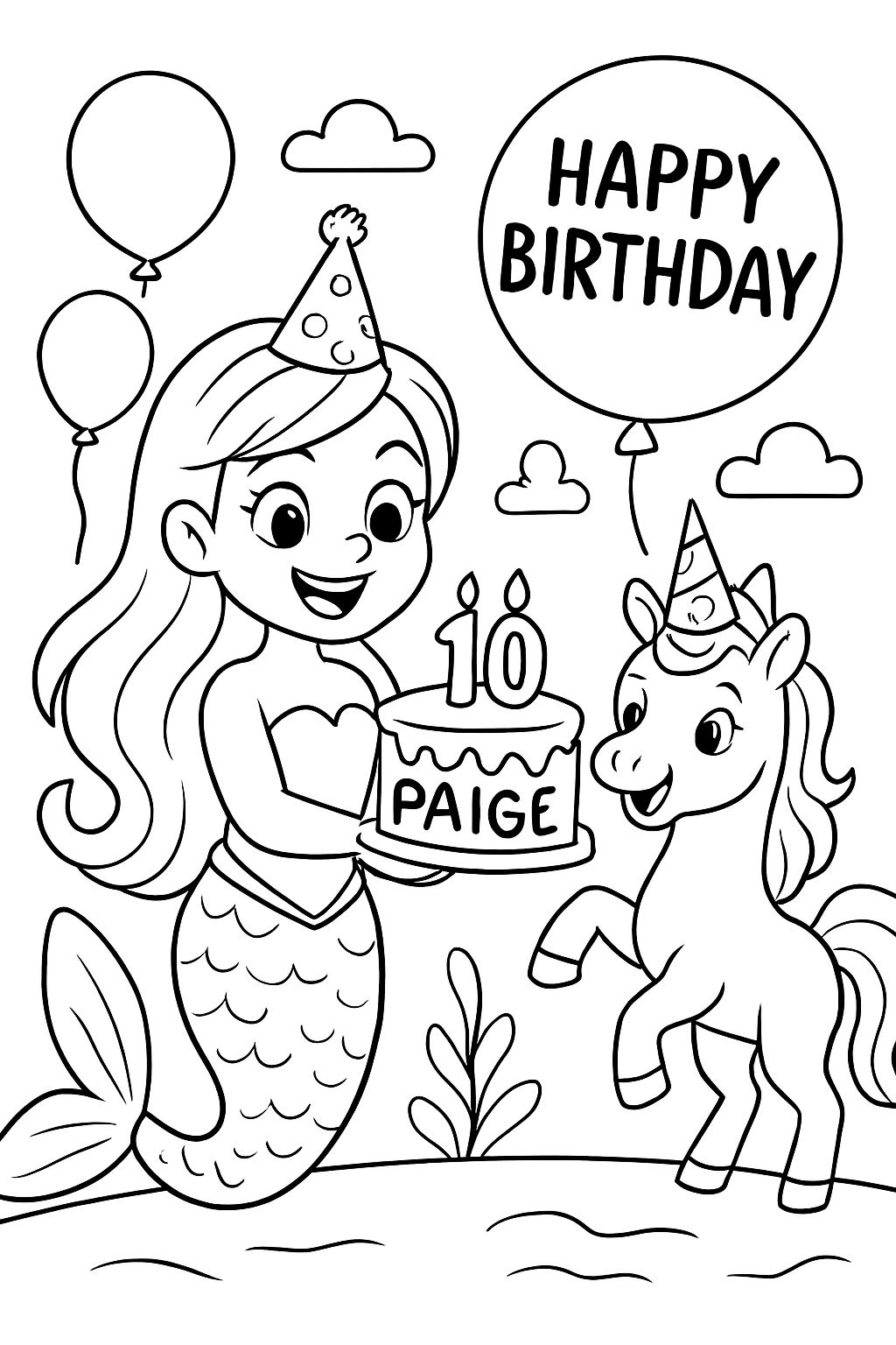 Meerjungfrau mit einem Geburtstagskuchen, auf dem die Zahl 10 und der Name Paige stehen. Geburtstagsparty mit der Meerjungfrau und einem Einhorn, die Partyhüte tragen und mit Luftballons, auf denen 'Alles Gute zum Geburtstag' steht. Meerjungfrau mit einem Geburtstagskuchen, auf dem die Zahl 10 und der Name Paige stehen. Geburtstagsparty mit der Meerjungfrau und einem Einhorn, die Partyhüte tragen und mit Luftballons, auf denen 'Alles Gute zum Geburtstag' steht.