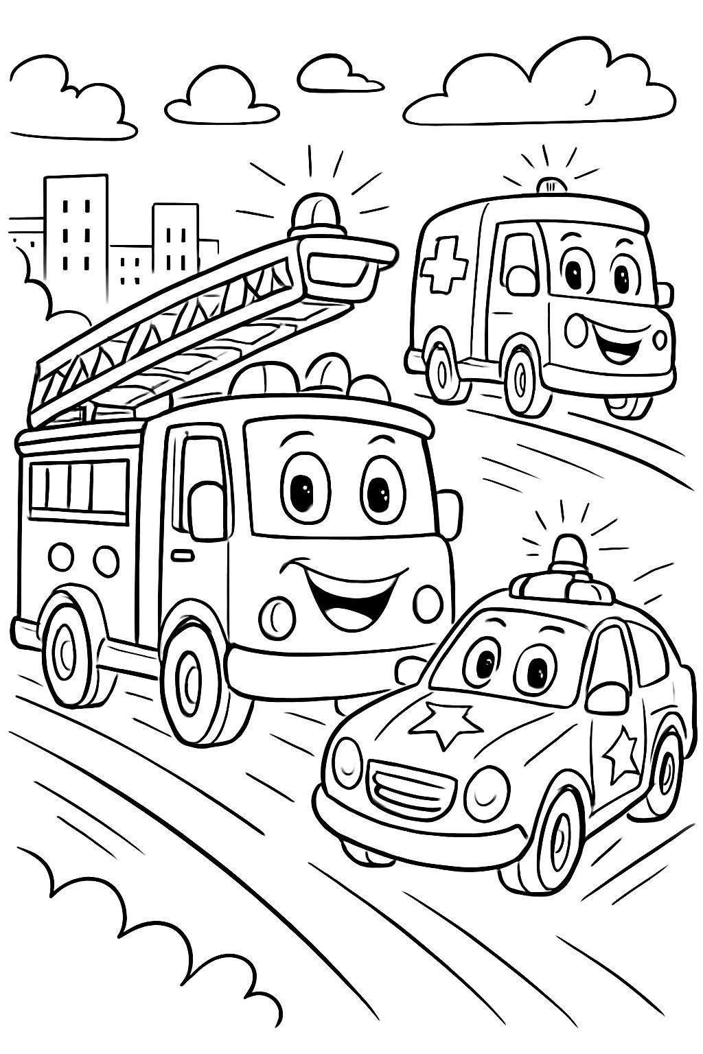 fire engine, police car and ambulance smiling