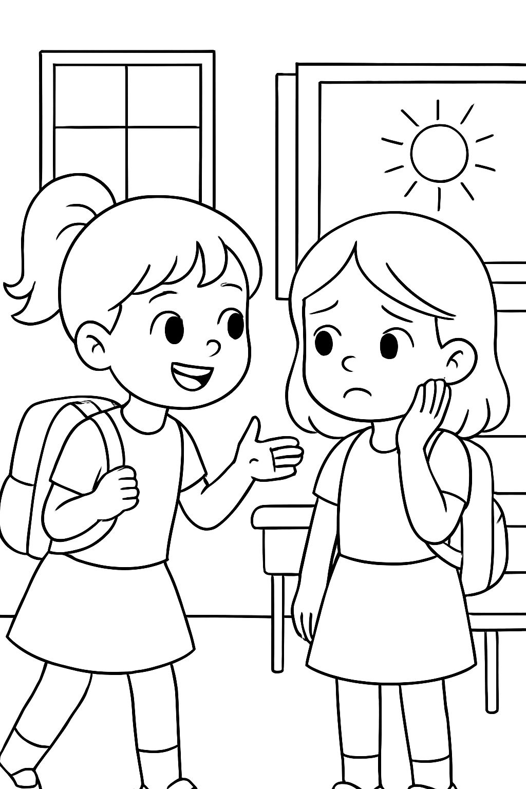 6 year old girl with a ponytail, asking a friend if she is okay at school. 6 year old girl with a ponytail, asking a friend if she is okay at school.