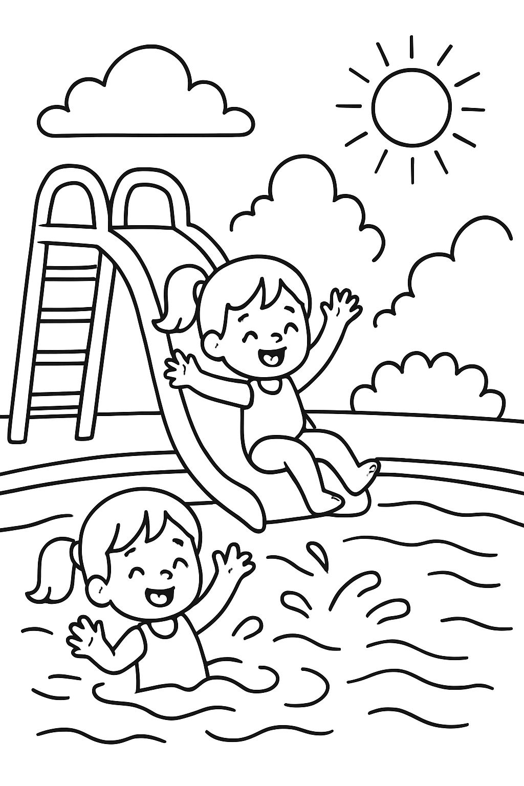 zwei Mädchen im Swimmingpool mit einer Wasserrutsche zwei Mädchen im Swimmingpool mit einer Wasserrutsche