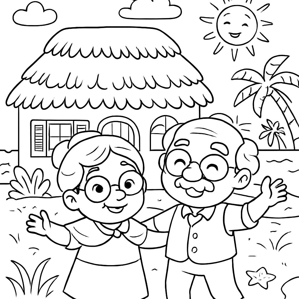 La maison de grand-mère et grand-père sur la plage avec un toit de chaume et des volets La maison de grand-mère et grand-père sur la plage avec un toit de chaume et des volets