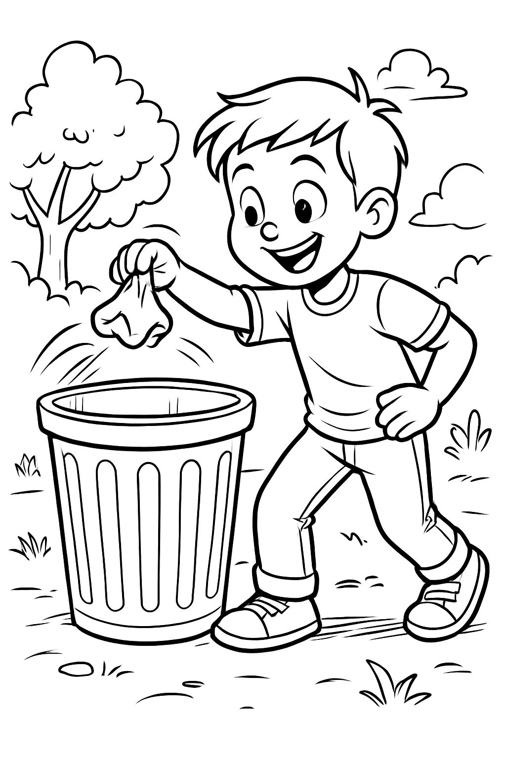 A child throwing trash in the trash can.