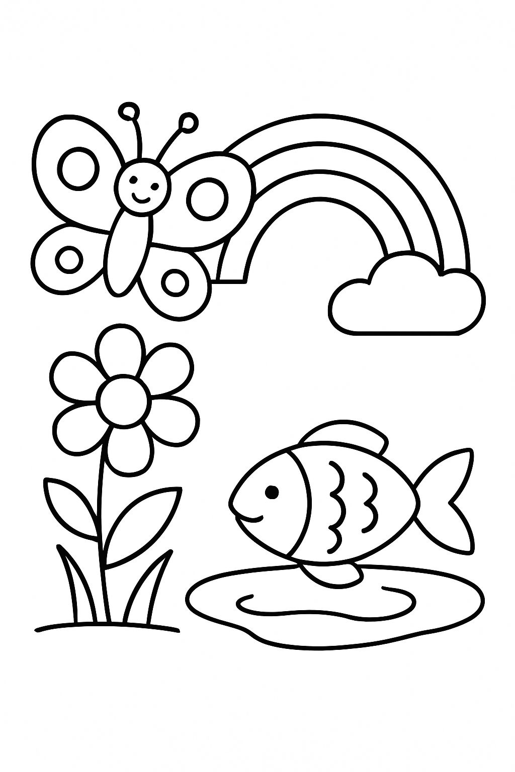 Butterfly rainbow flower and fish in a pond