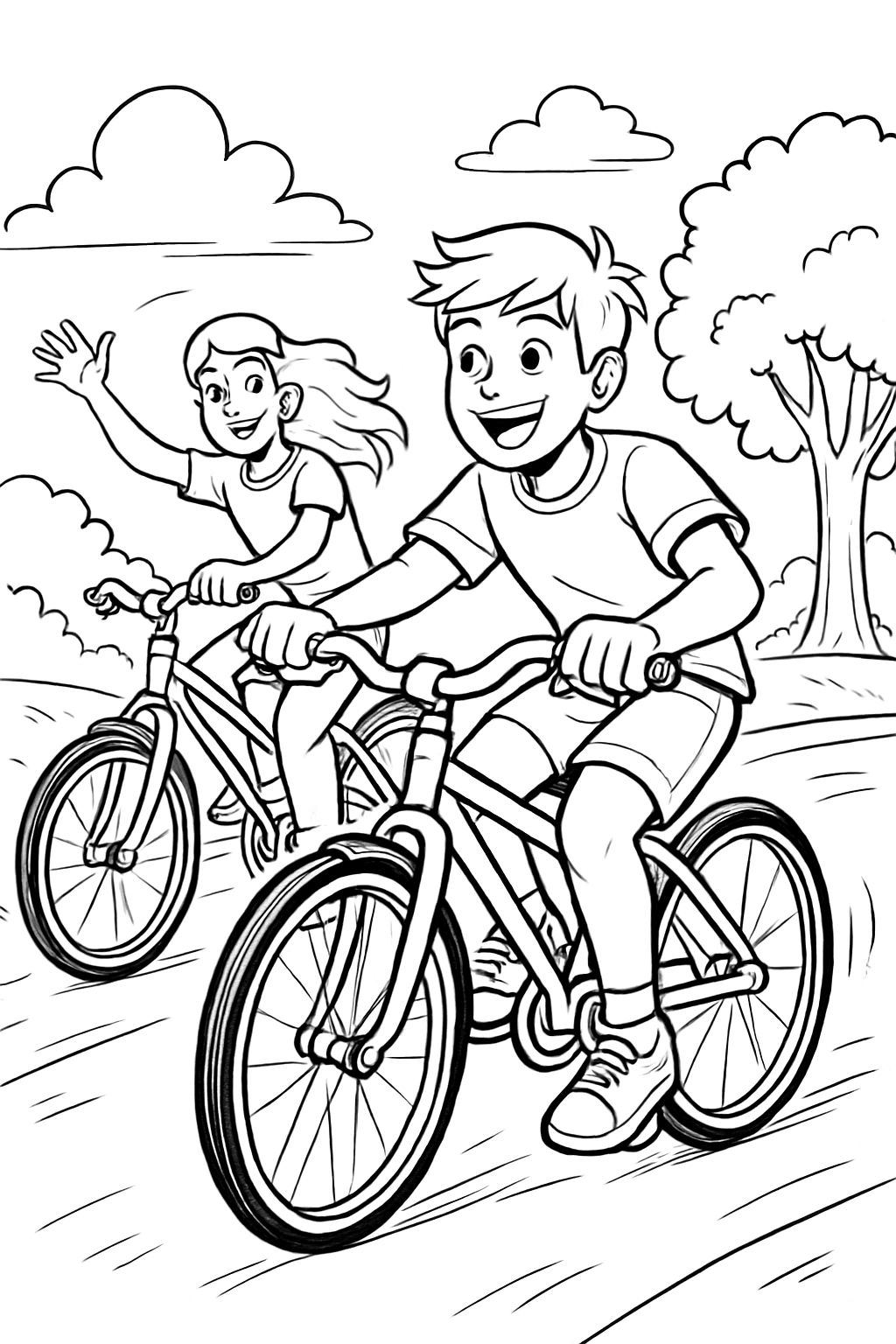 Two teens having fun riding bicycle.