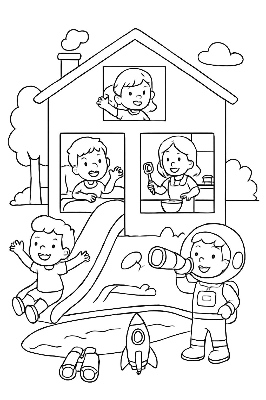 Uma casa que tem um escorregador que leva a uma piscina e há um conjunto de binóculos, e no andar de baixo há quartos e uma cozinha, além de um conjunto muito legal de cientistas de descoberta espacial. Uma casa que tem um escorregador que leva a uma piscina e há um conjunto de binóculos, e no andar de baixo há quartos e uma cozinha, além de um conjunto muito legal de cientistas de descoberta espacial.