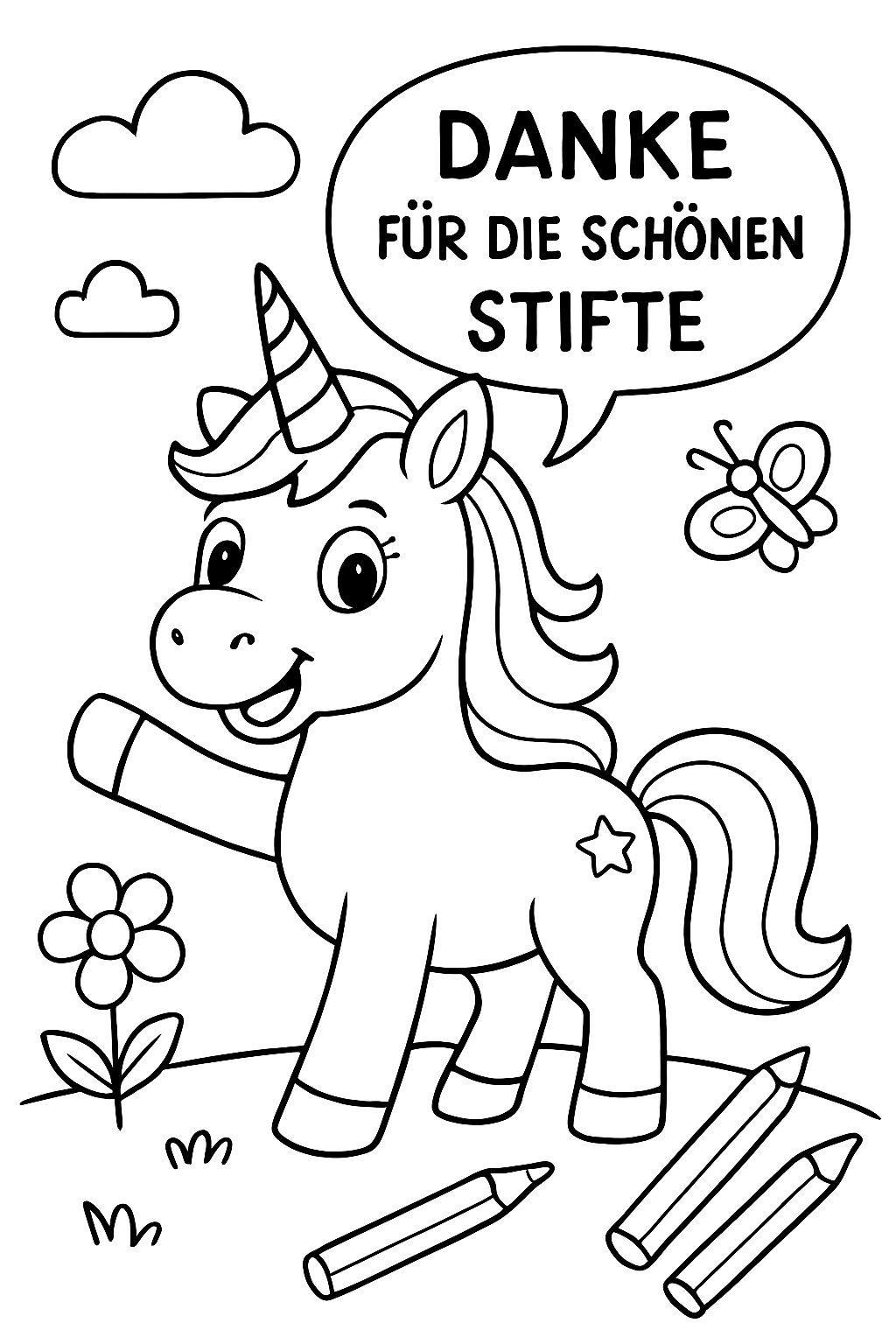 A unicorn that says: thank you for the beautiful pens