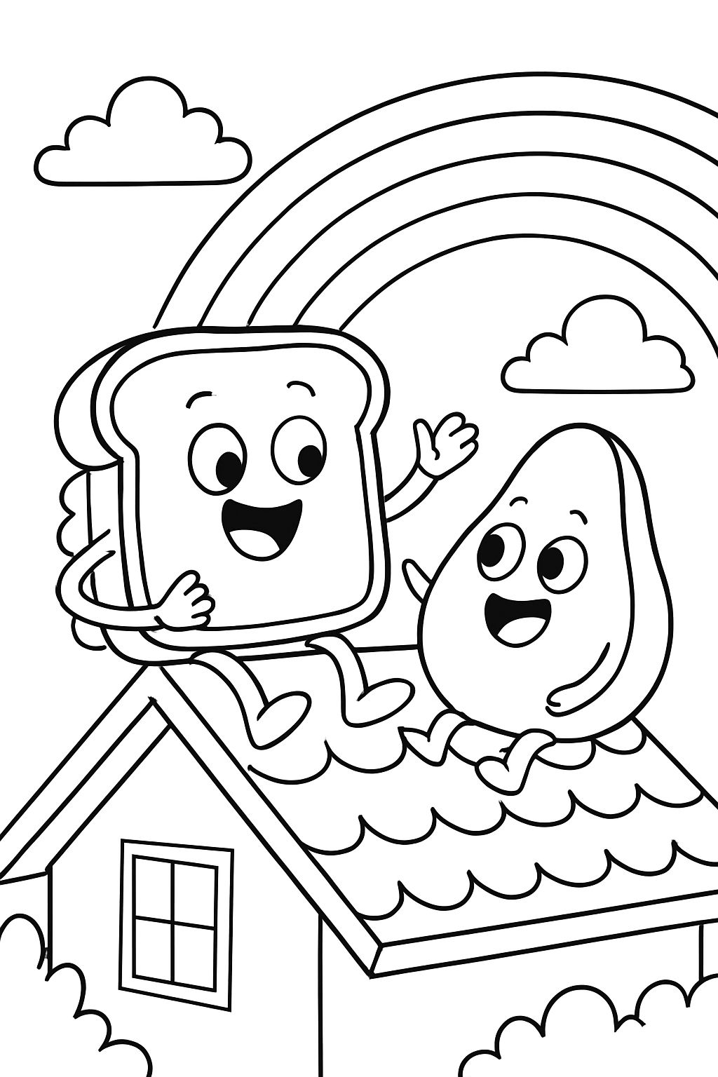 ein Sandwich, das eine Avocado auf einem Dach isst und einen Regenbogen betrachtet