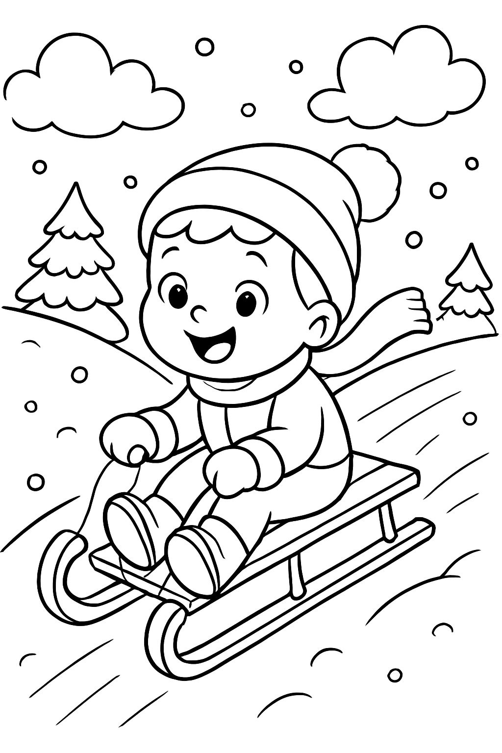 Menino de 3 anos descendo uma colina nevada.