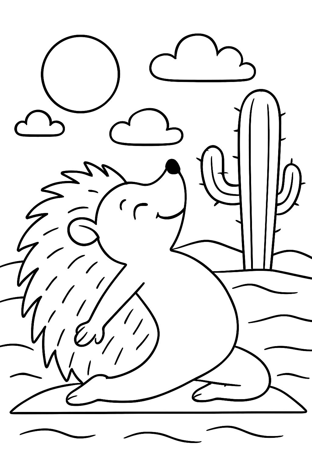 Hedgehog doing yoga camel pose in the desert in front of cactus.