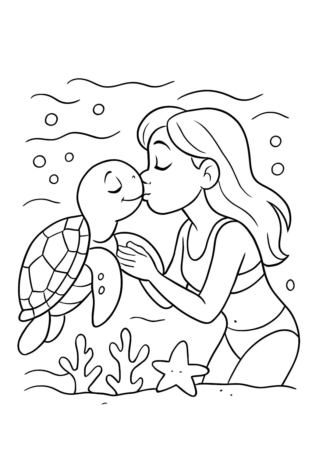 A sea turtle kissing a young blonde woman.