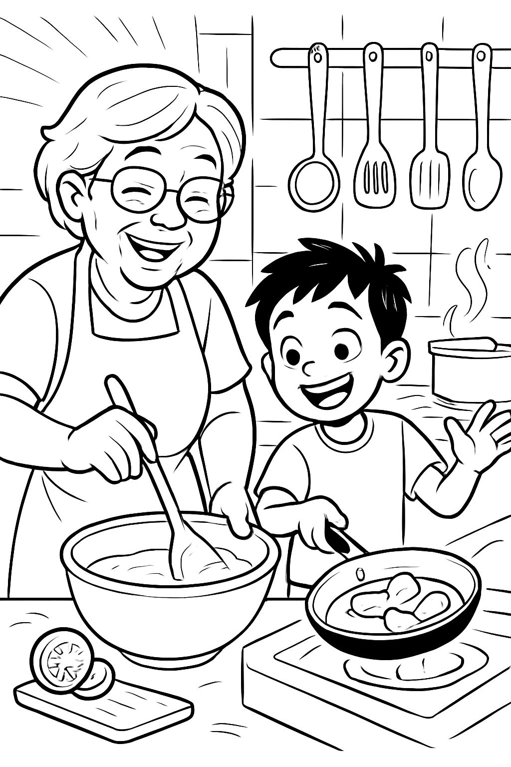 Abuela cocinando con nieto.