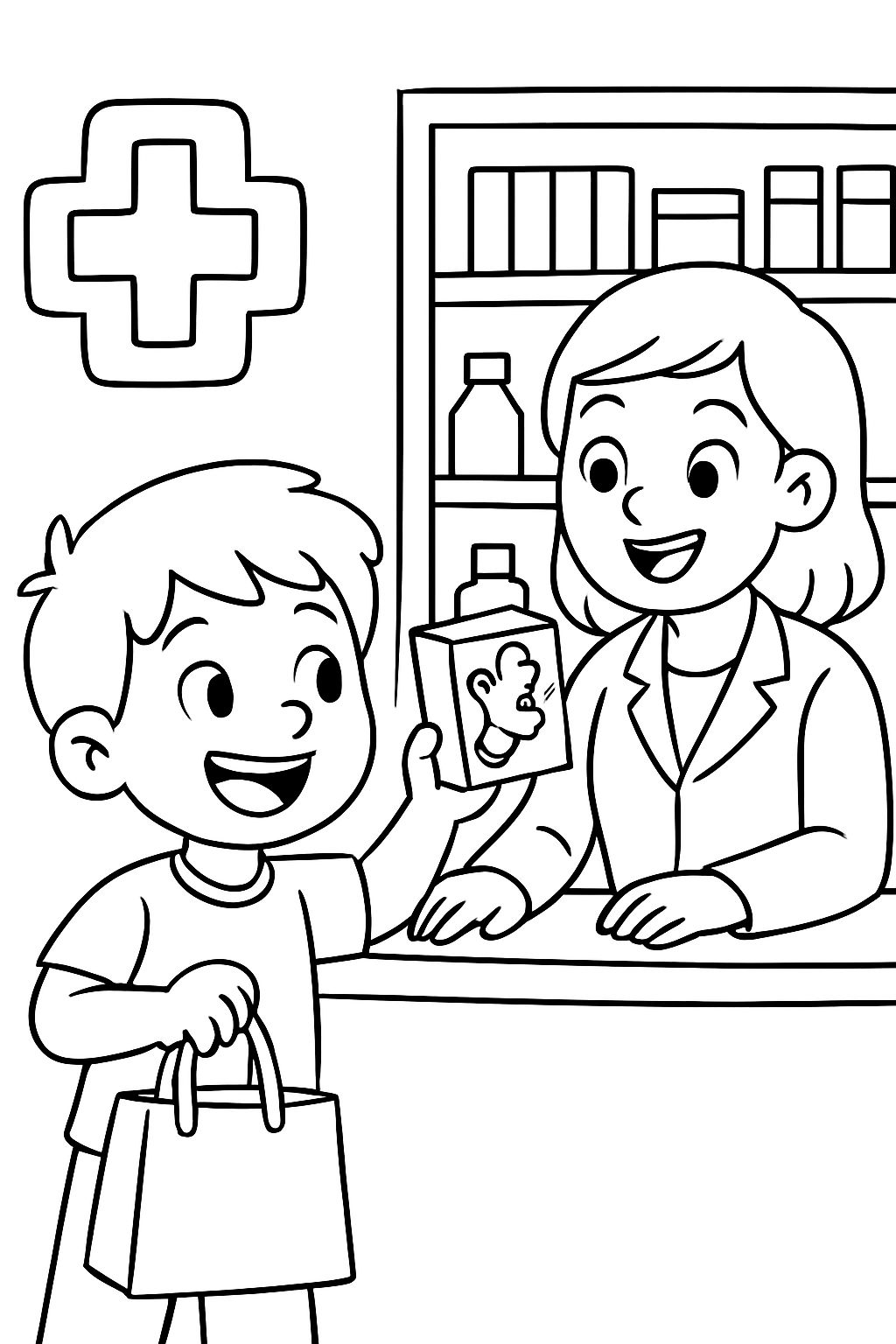 Ein Kind kauft in einer Apotheke und hält einen Ingwertee. Ein Kind kauft in einer Apotheke und hält einen Ingwertee.