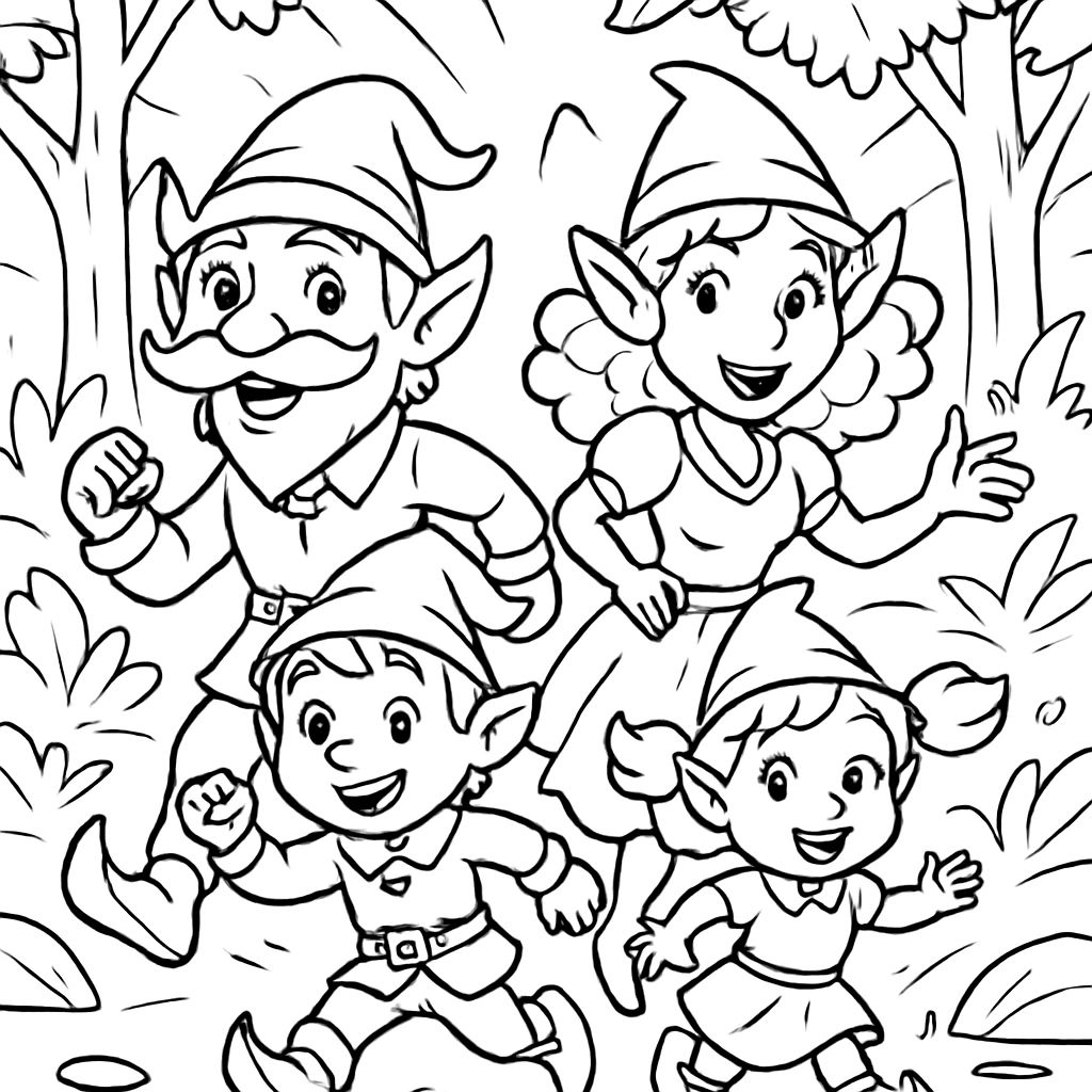 una familia de duendes del bosque: un papá duende con bigote, una mamá con cabello rizado, un pequeño duende y una pequeña duenda con coletas una familia de duendes del bosque: un papá duende con bigote, una mamá con cabello rizado, un pequeño duende y una pequeña duenda con coletas