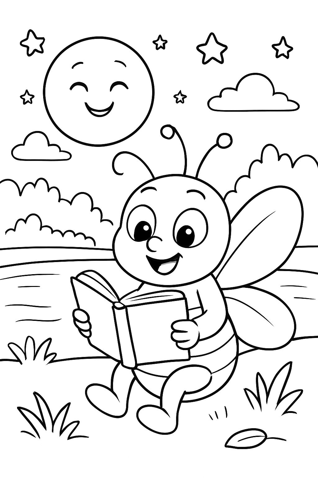 Une luciole lisant près d'un lac éclairé par la lune.