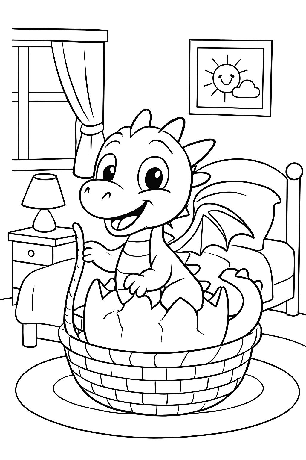 Un bébé dragon assis sur un lit dans la chambre d'un enfant, venant de naître d'un œuf, couché dans un panier de Pâques. Un bébé dragon assis sur un lit dans la chambre d'un enfant, venant de naître d'un œuf, couché dans un panier de Pâques.