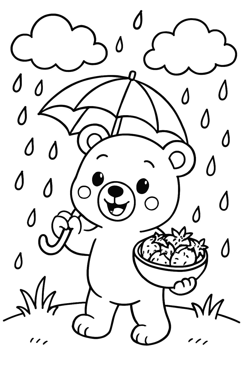 Oso con un tazón de fresas, un paraguas y nubes con lluvia