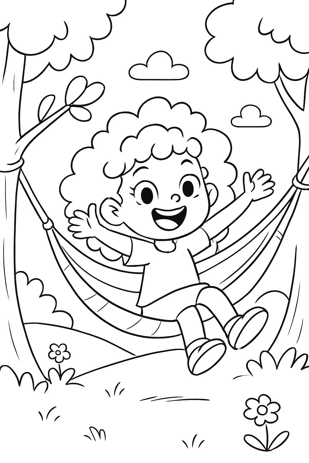 Nera mit Locken spielt in einer Hängematte.