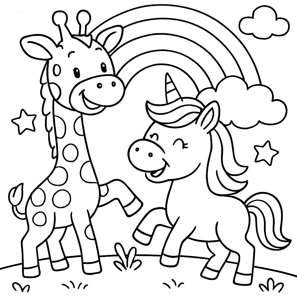 Girafe avec licorne et arc-en-ciel Girafe avec licorne et arc-en-ciel