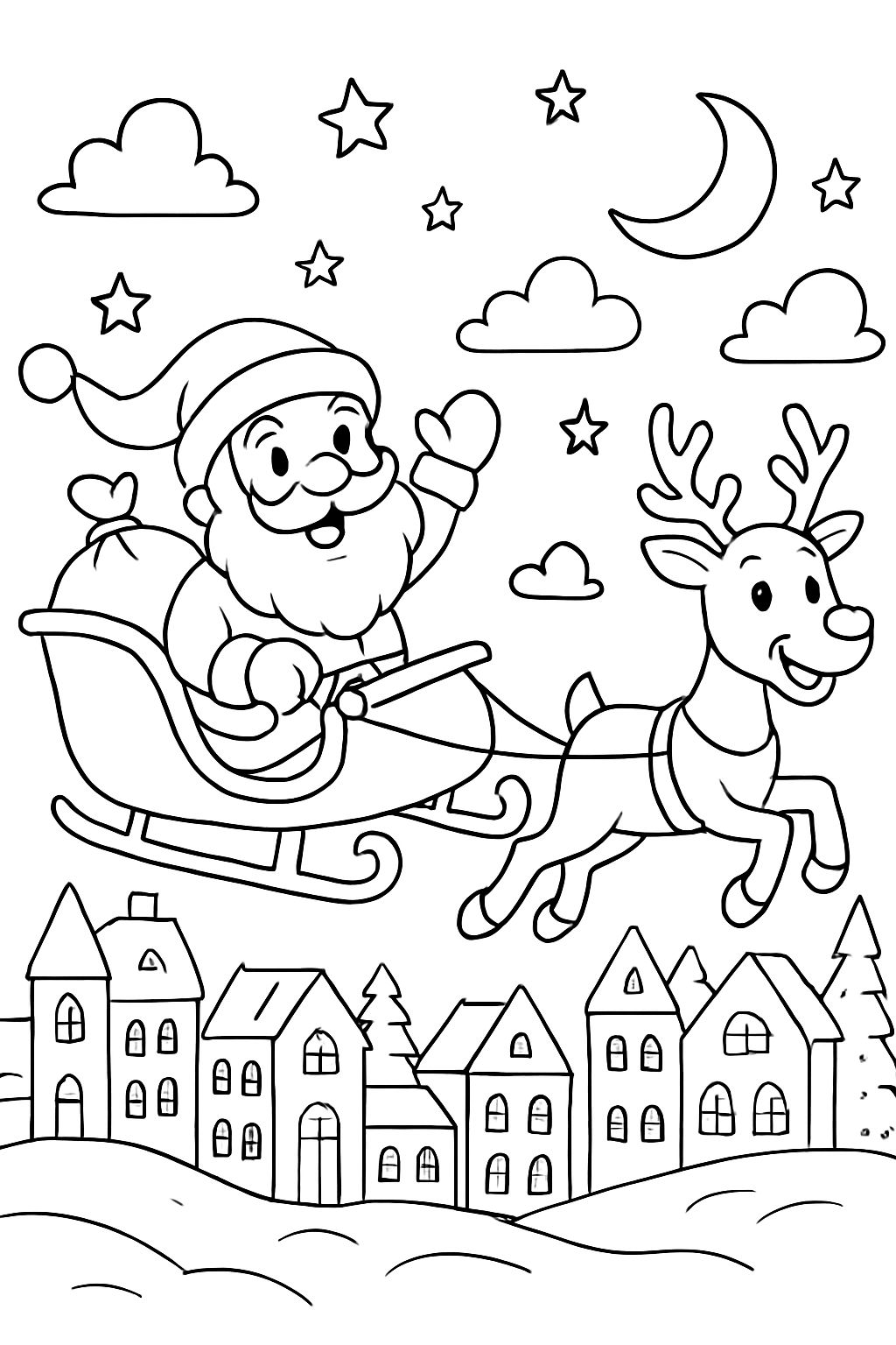 Le Père Noël dans son traîneau à rennes au-dessus d'une ville enneigée