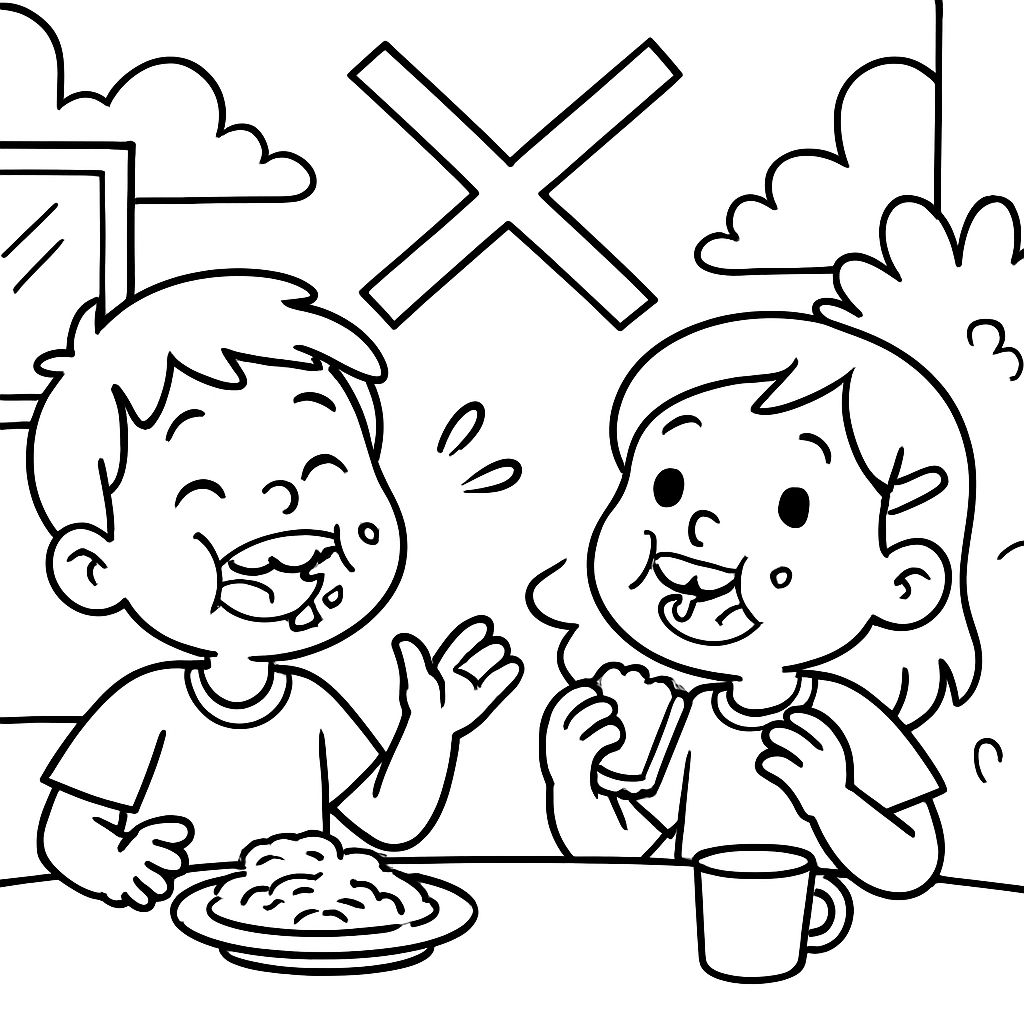 Crianças falando com a boca cheia e riscadas para indicar errado. Crianças falando com a boca cheia e riscadas para indicar errado.