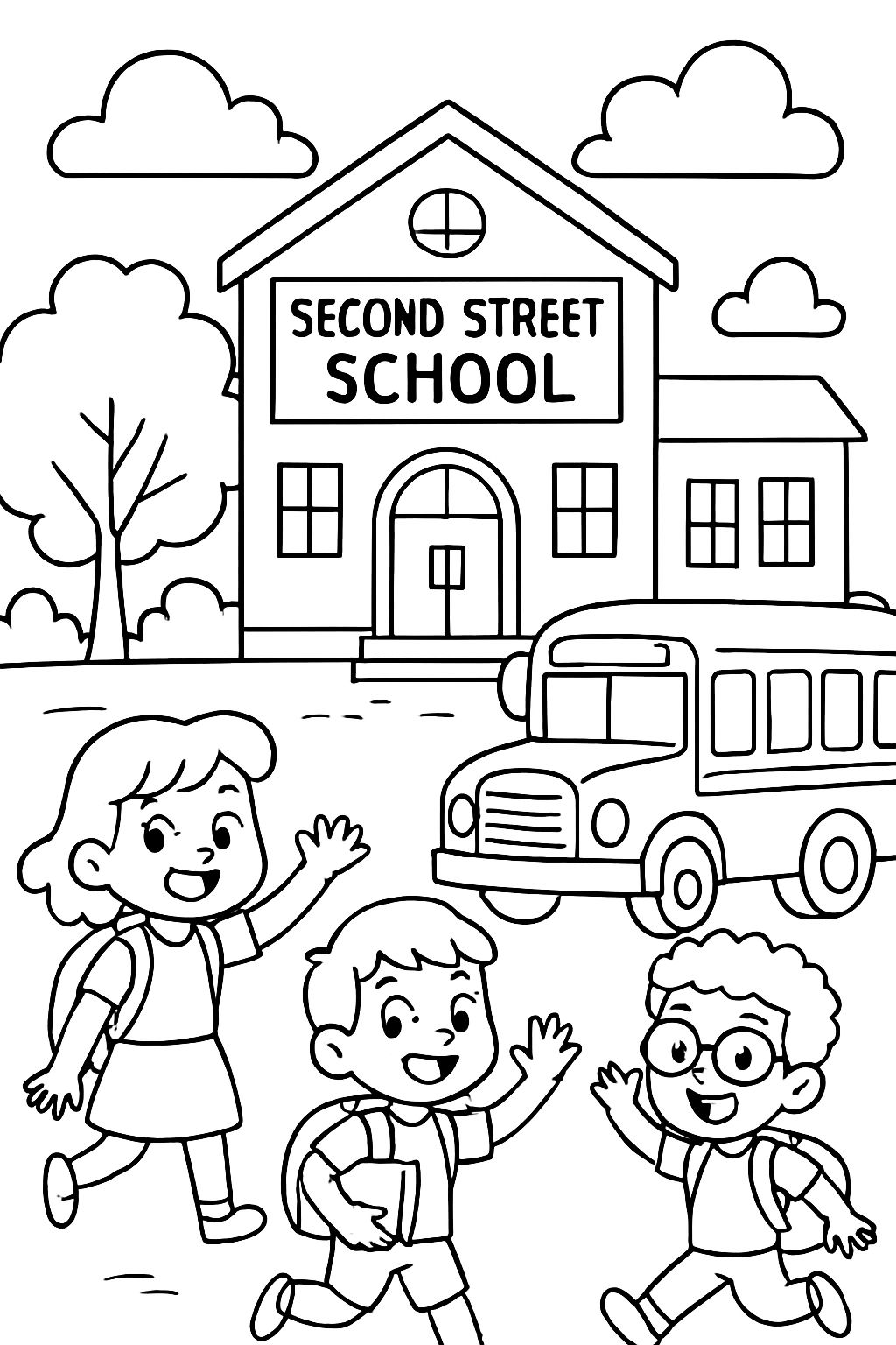 A school building with a bus and a large banner that says second street school on the building.