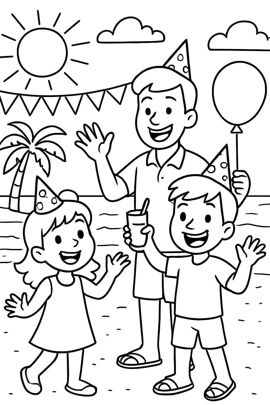 Uma família fazendo uma festa na praia.