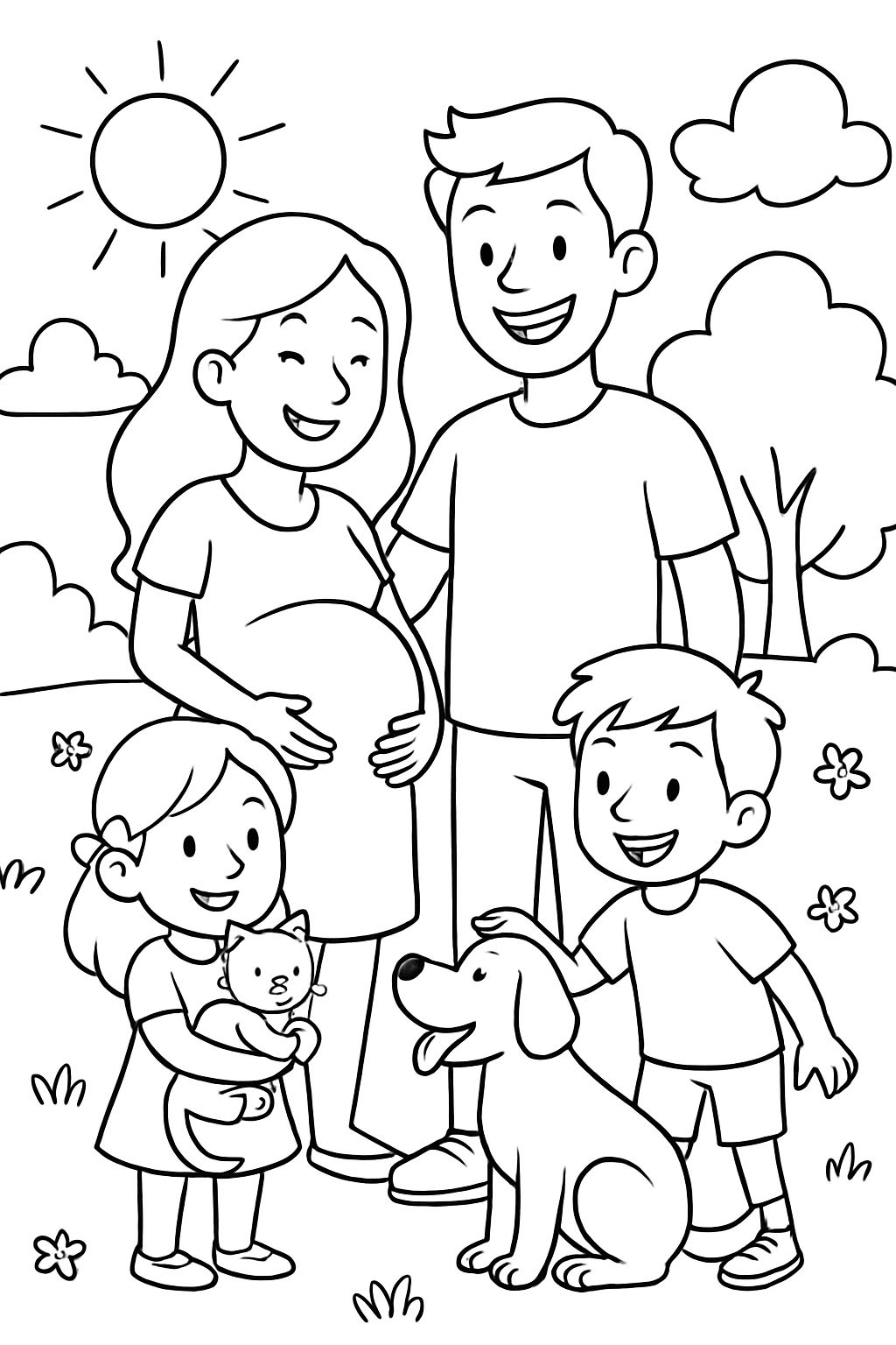 maman enceinte avec mari et garçon et fille avec chat et chien maman enceinte avec mari et garçon et fille avec chat et chien