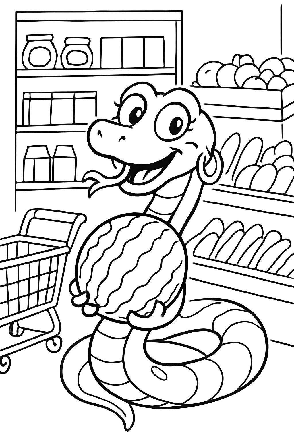 un serpent portant des boucles d'oreilles dans une épicerie tenant une pastèque.