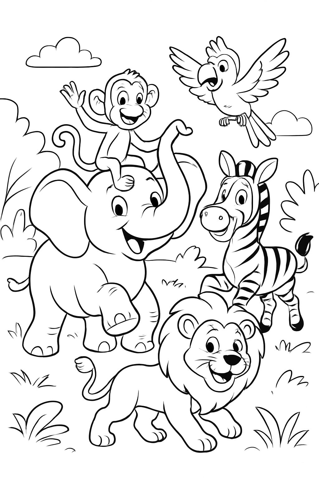 UN ÉLÉPHANT AVEC DES AMIS : SINGE, PERROQUET, ZEBRE ET LION