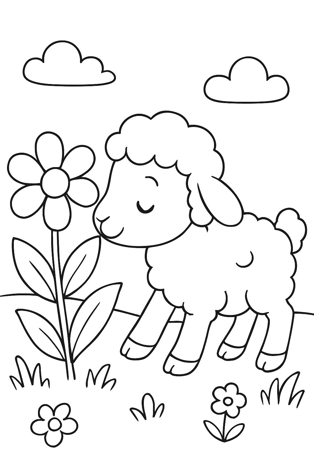 Easter lamb sniffing an Easter flower